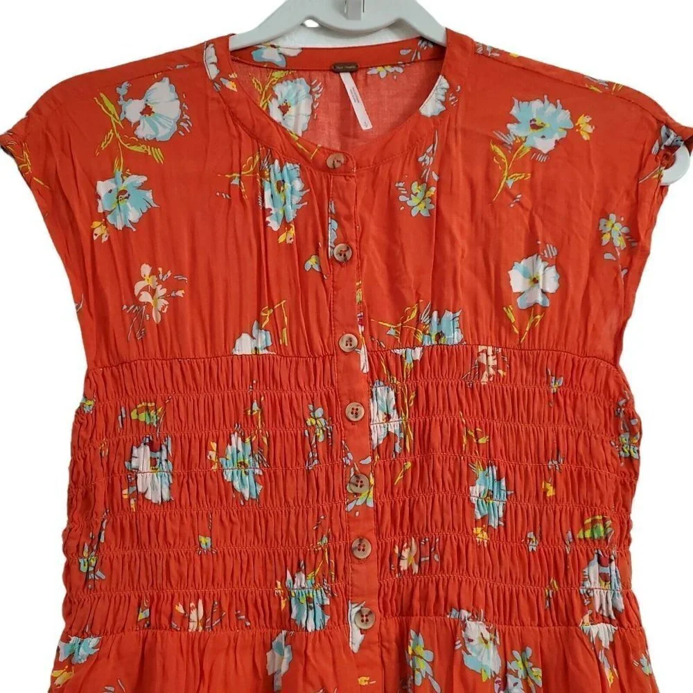 Free People‎ Mini Dress Small Red Orange Greatest Day Floral Smocked Waist Boho